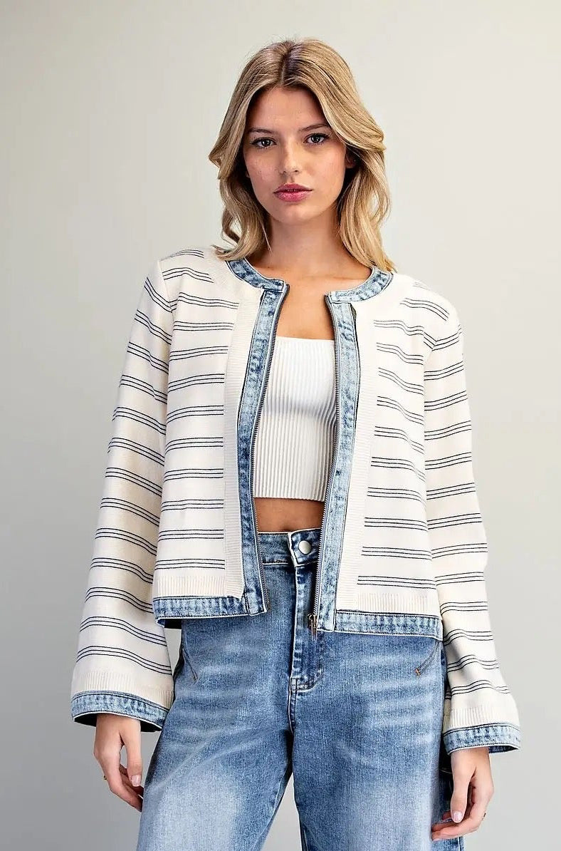 Denim Trim Striped Knit Zip Up Jacket - Off White