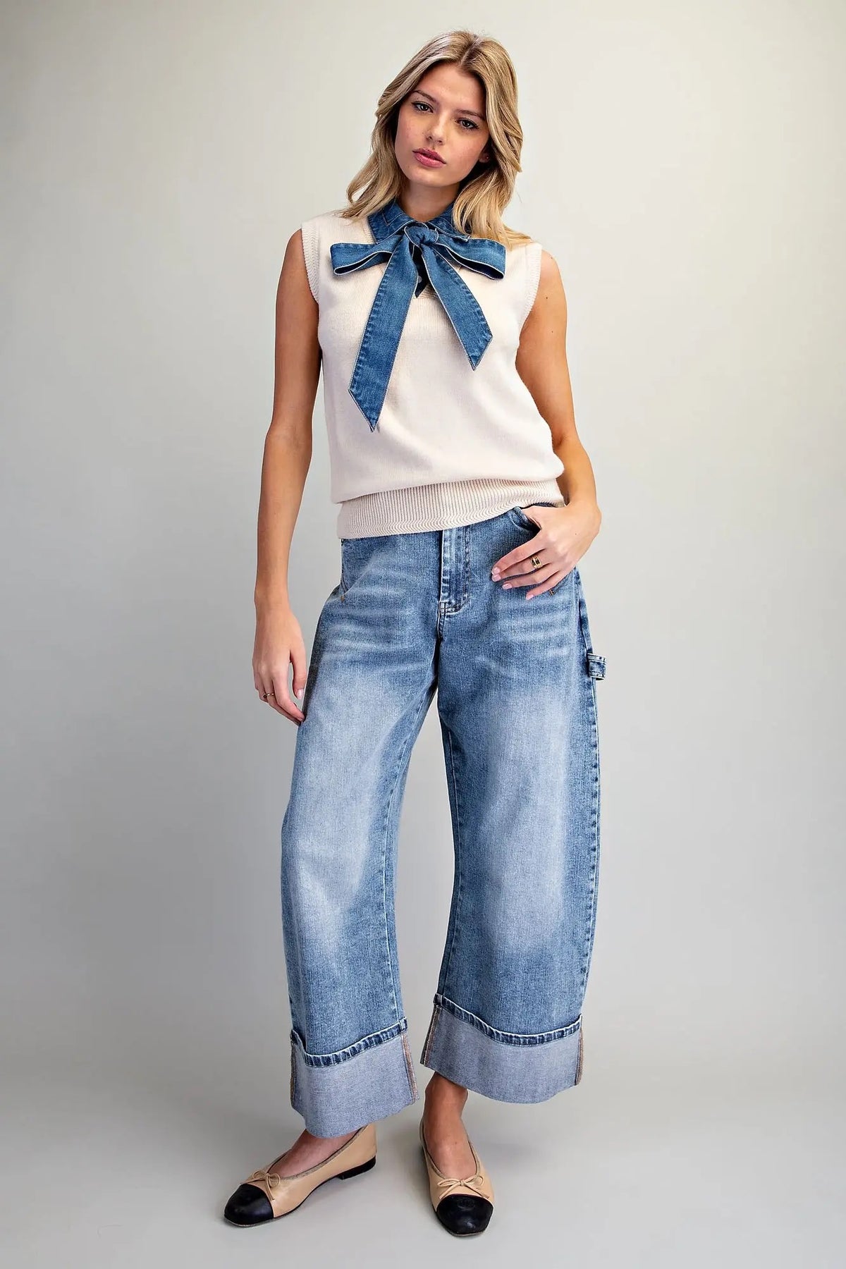 Denim Tie Neck Sleeveless Knit Top