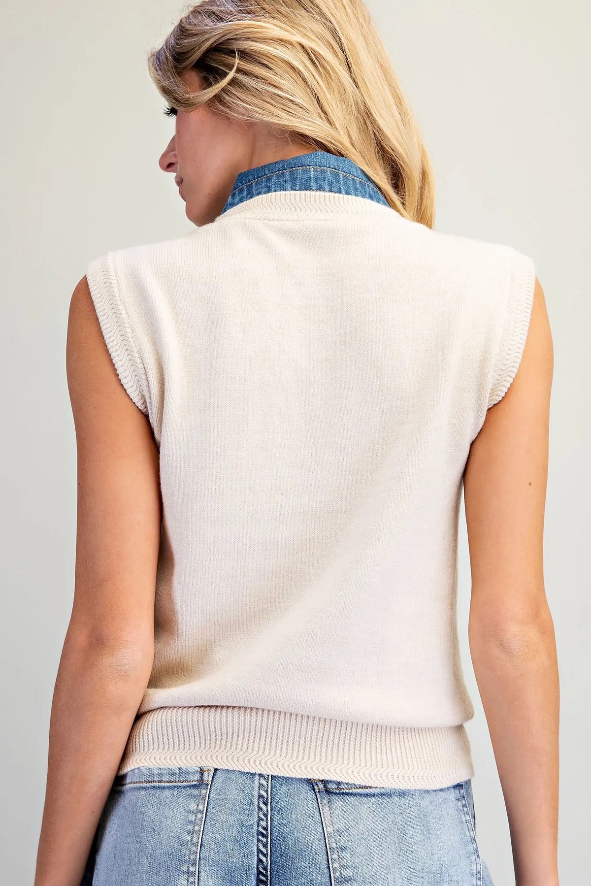 Denim Tie Neck Sleeveless Knit Top