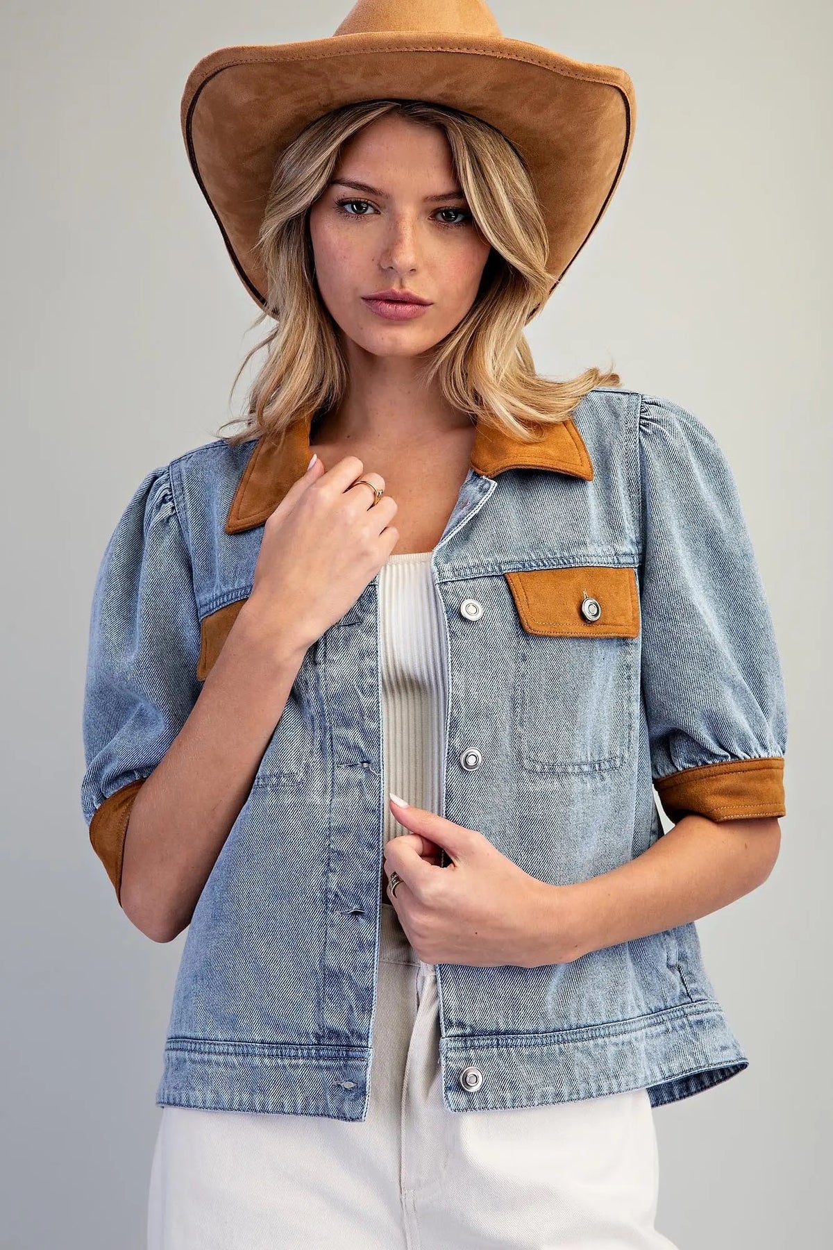 Mineral Washed Suede Contrast Puff Sleeve Jacket