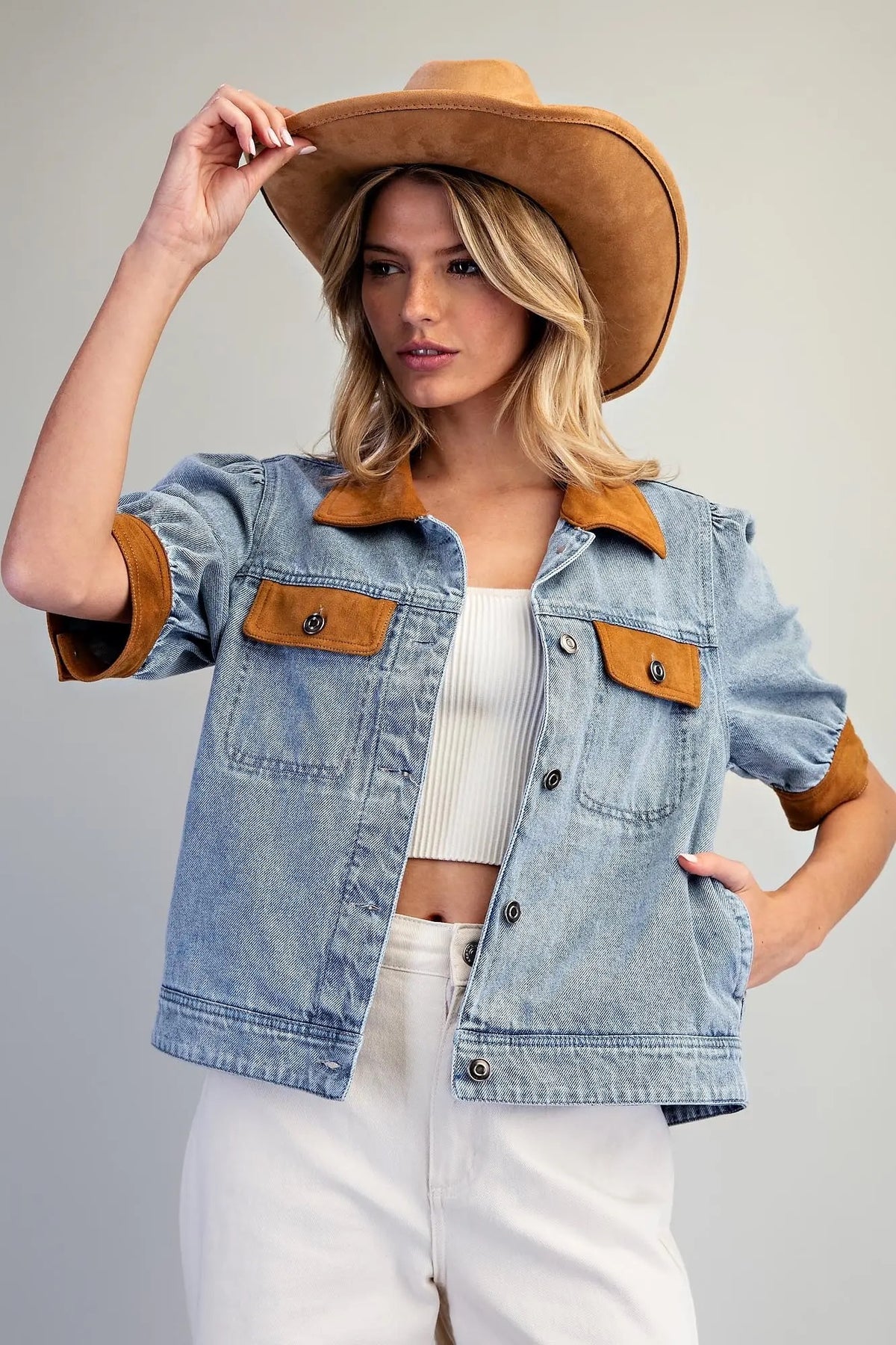 Mineral Washed Suede Contrast Puff Sleeve Jacket
