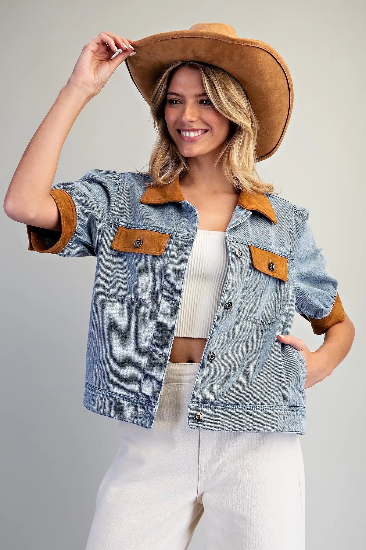 Mineral Washed Suede Contrast Puff Sleeve Jacket