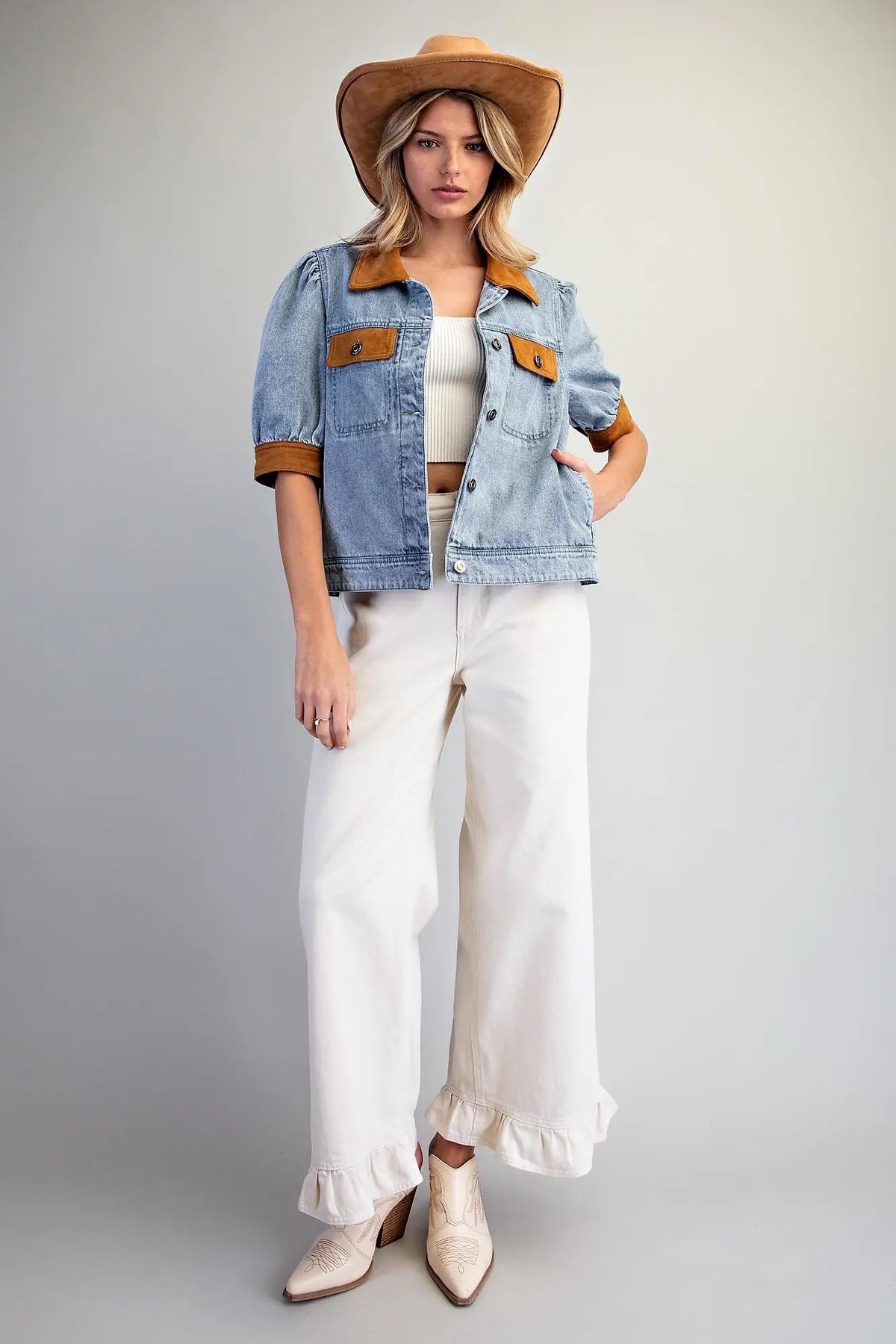 Mineral Washed Suede Contrast Puff Sleeve Jacket