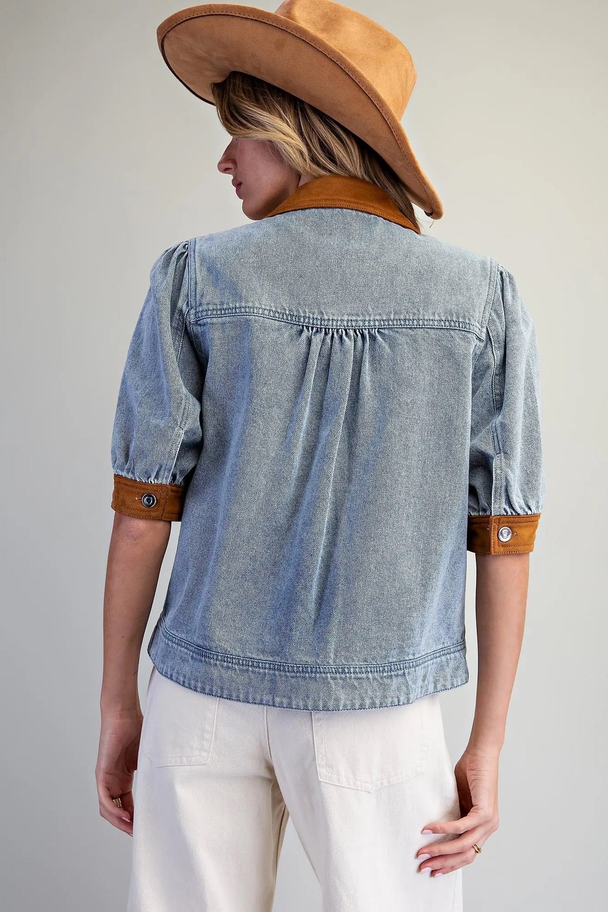 Mineral Washed Suede Contrast Puff Sleeve Jacket