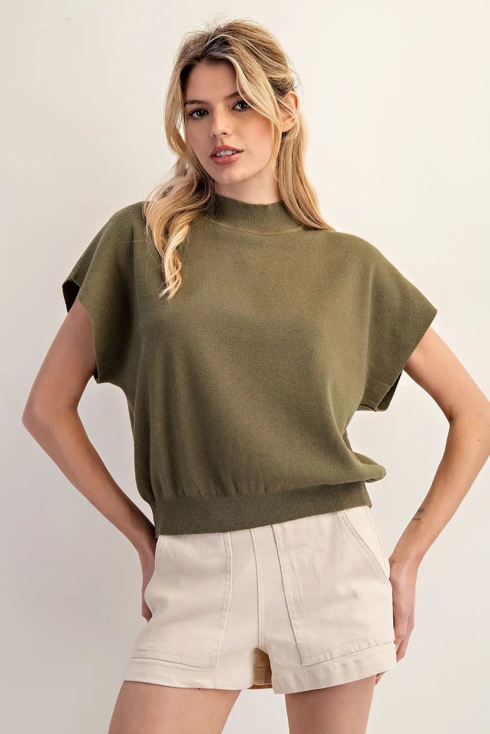 Army Green Mock Neck Short Sleeve Top