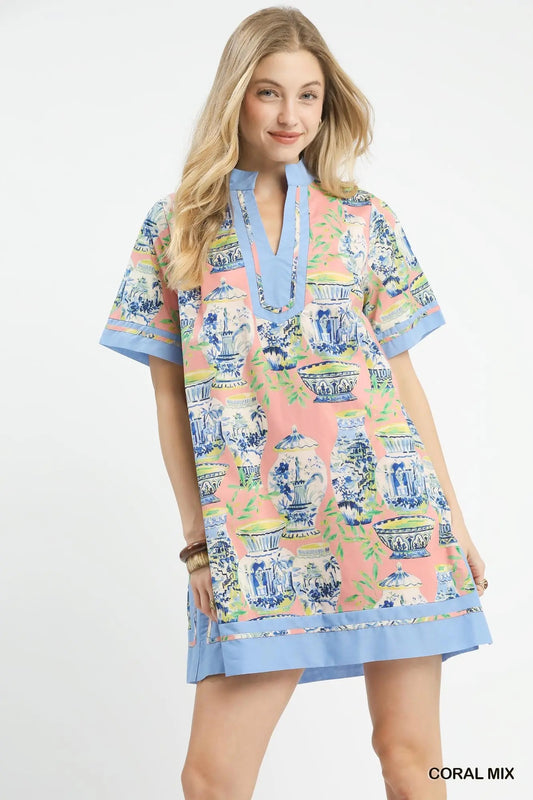 V-Neck Ginger Jar Print Mini Dress - Coral