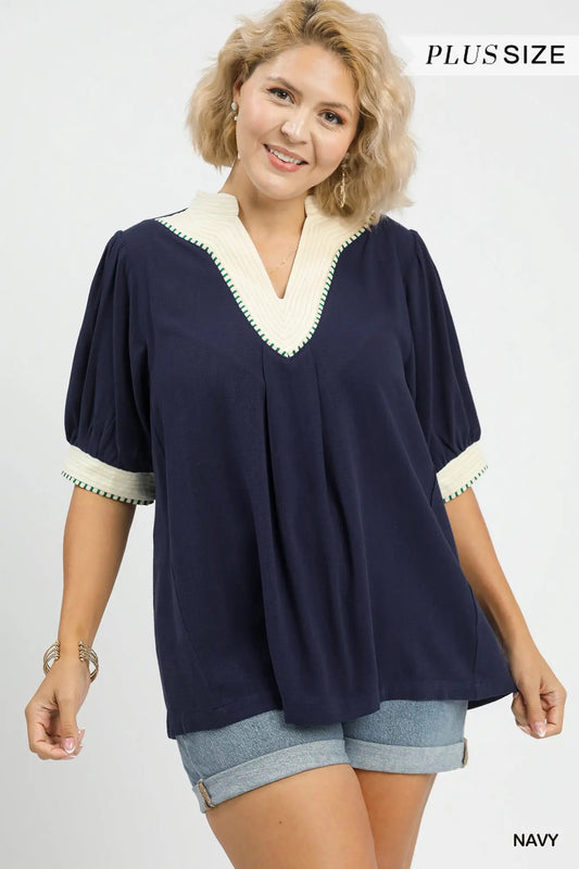 Mandarin Collared V-Neck With Contrast Details - Navy