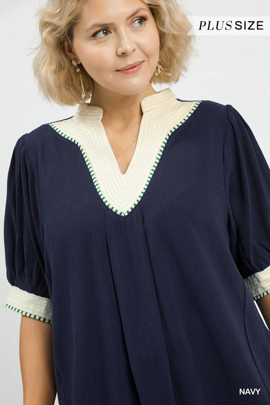 Mandarin Collared V-Neck With Contrast Details - Navy