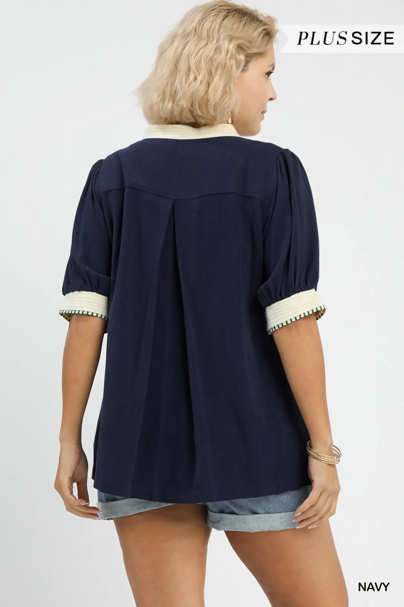 Mandarin Collared V-Neck With Contrast Details - Navy