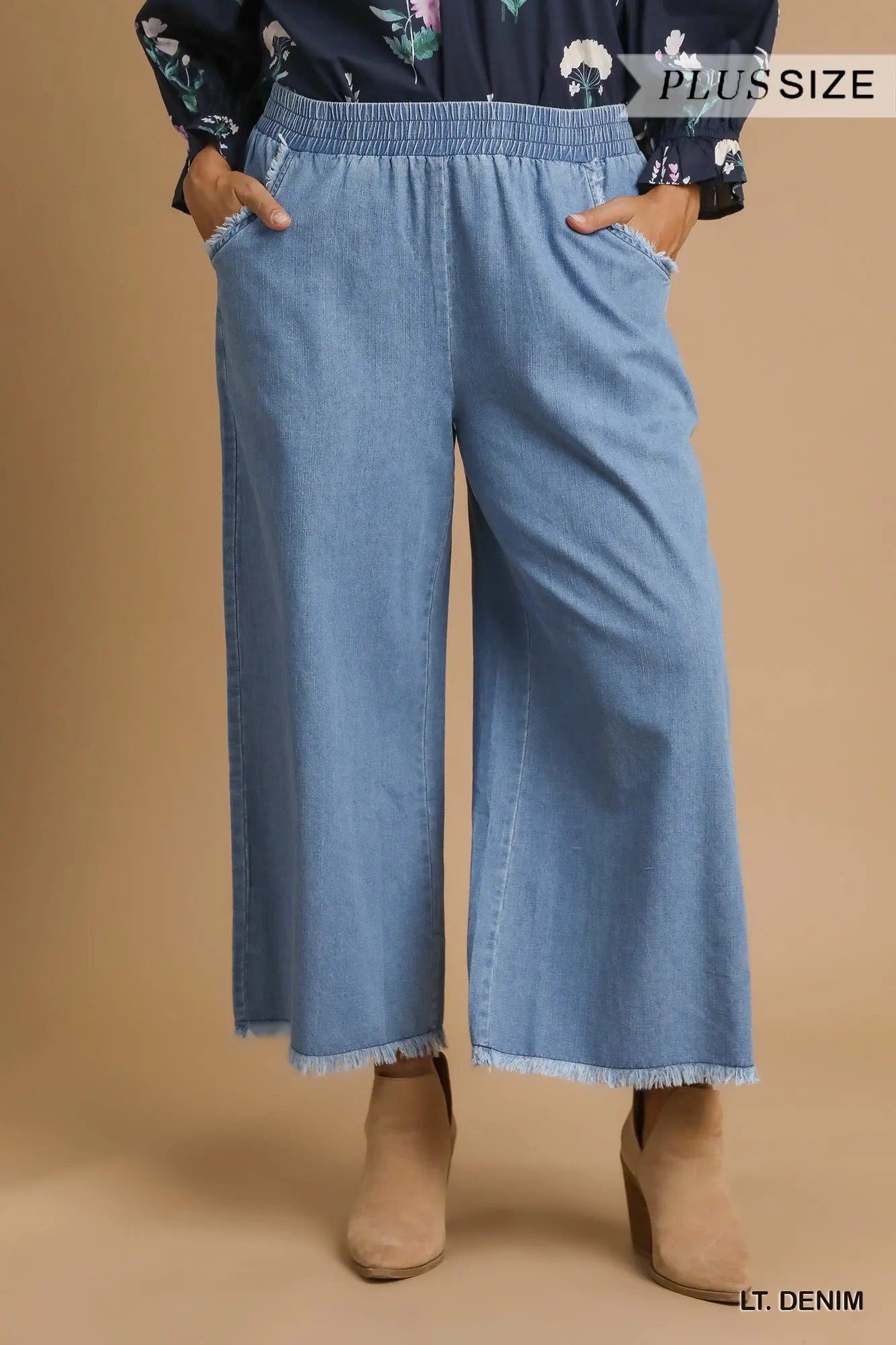 Washed Light Denim Wide Leg Pants