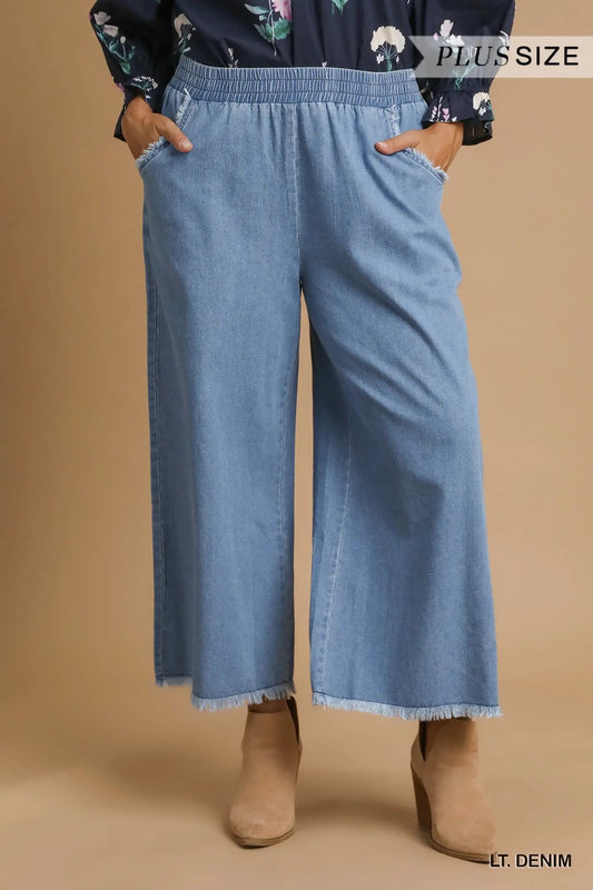 Washed Light Denim Wide Leg Pants
