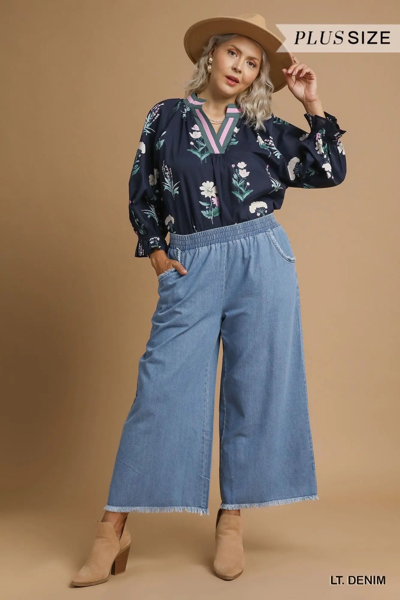 Washed Light Denim Wide Leg Pants