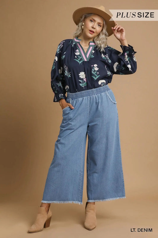 Washed Light Denim Wide Leg Pants