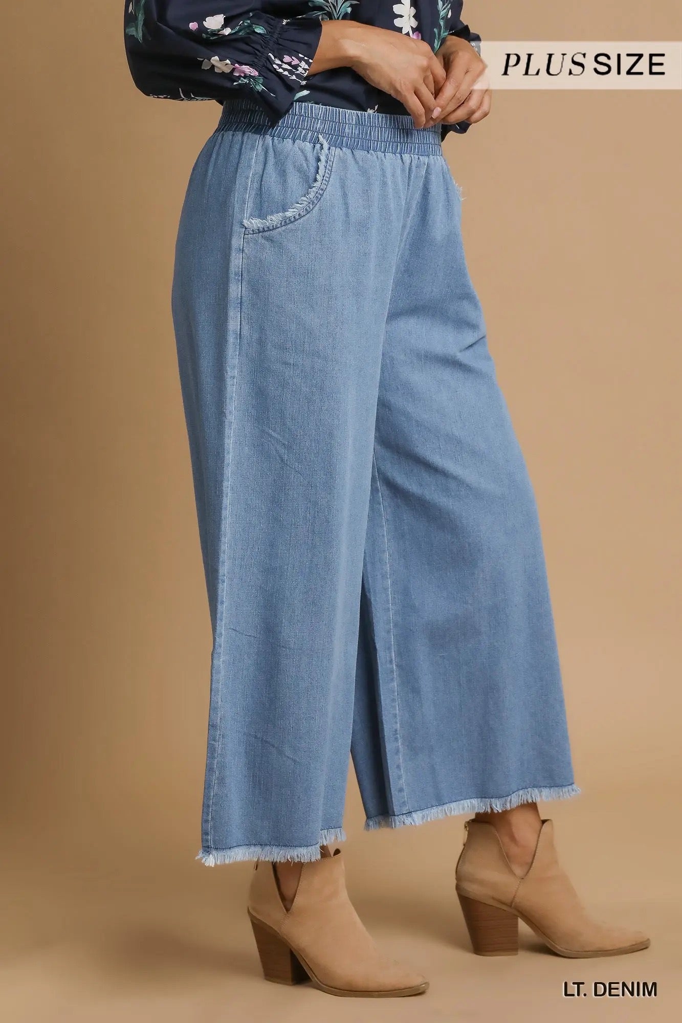 Washed Light Denim Wide Leg Pants
