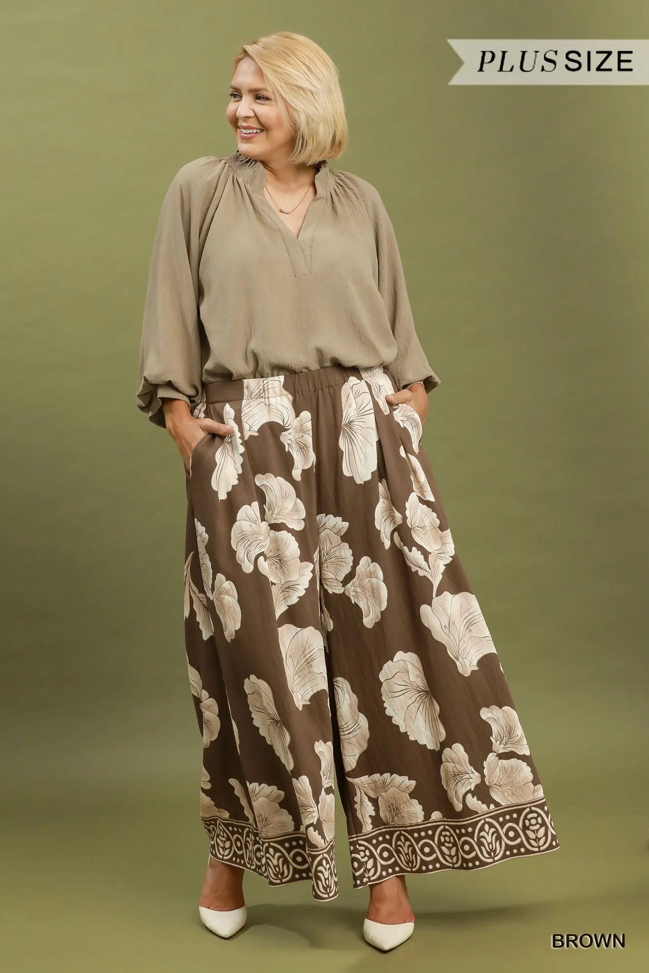 Brown Print Wide Leg Skirt Pants