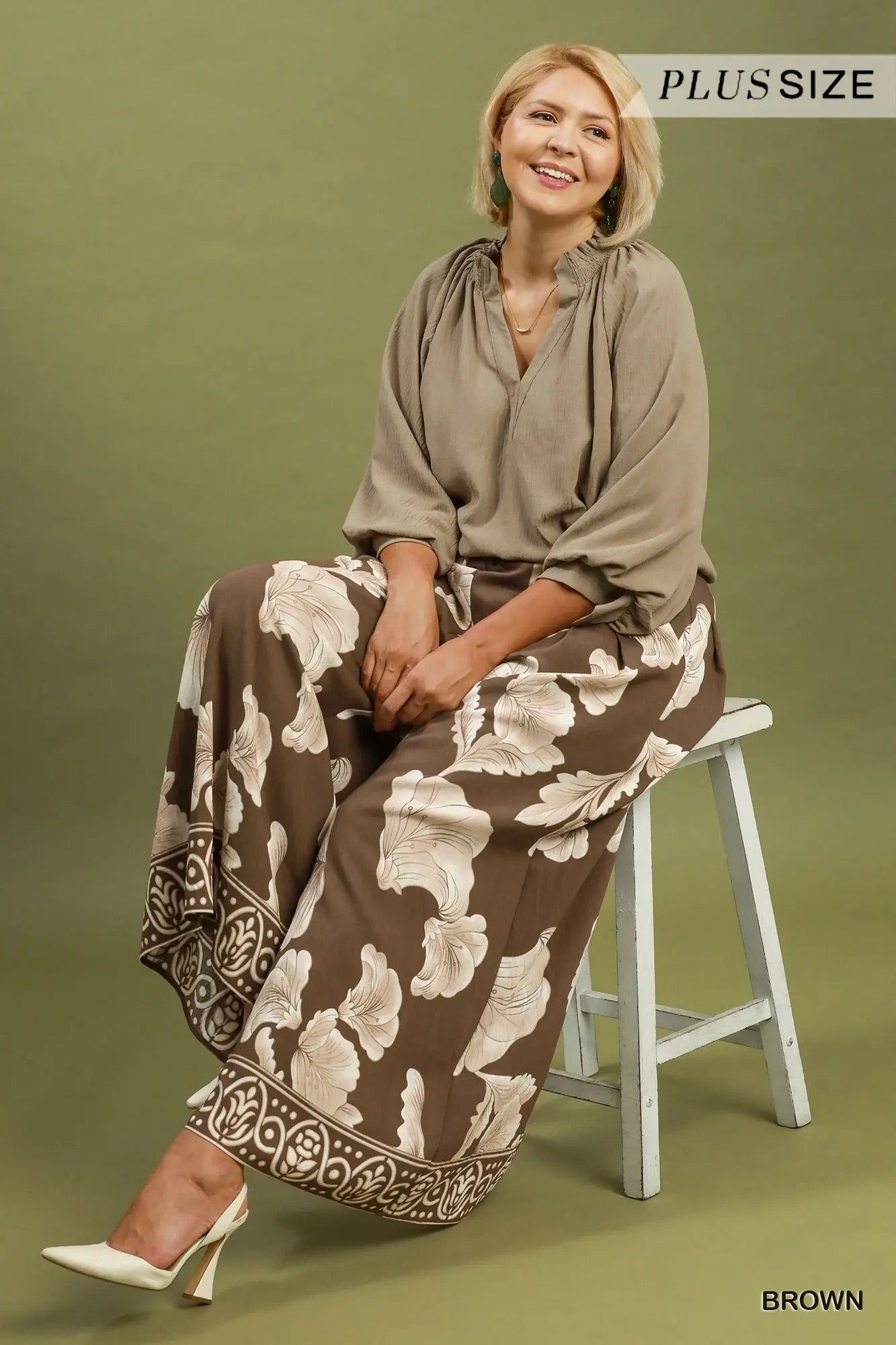 Brown Print Wide Leg Skirt Pants