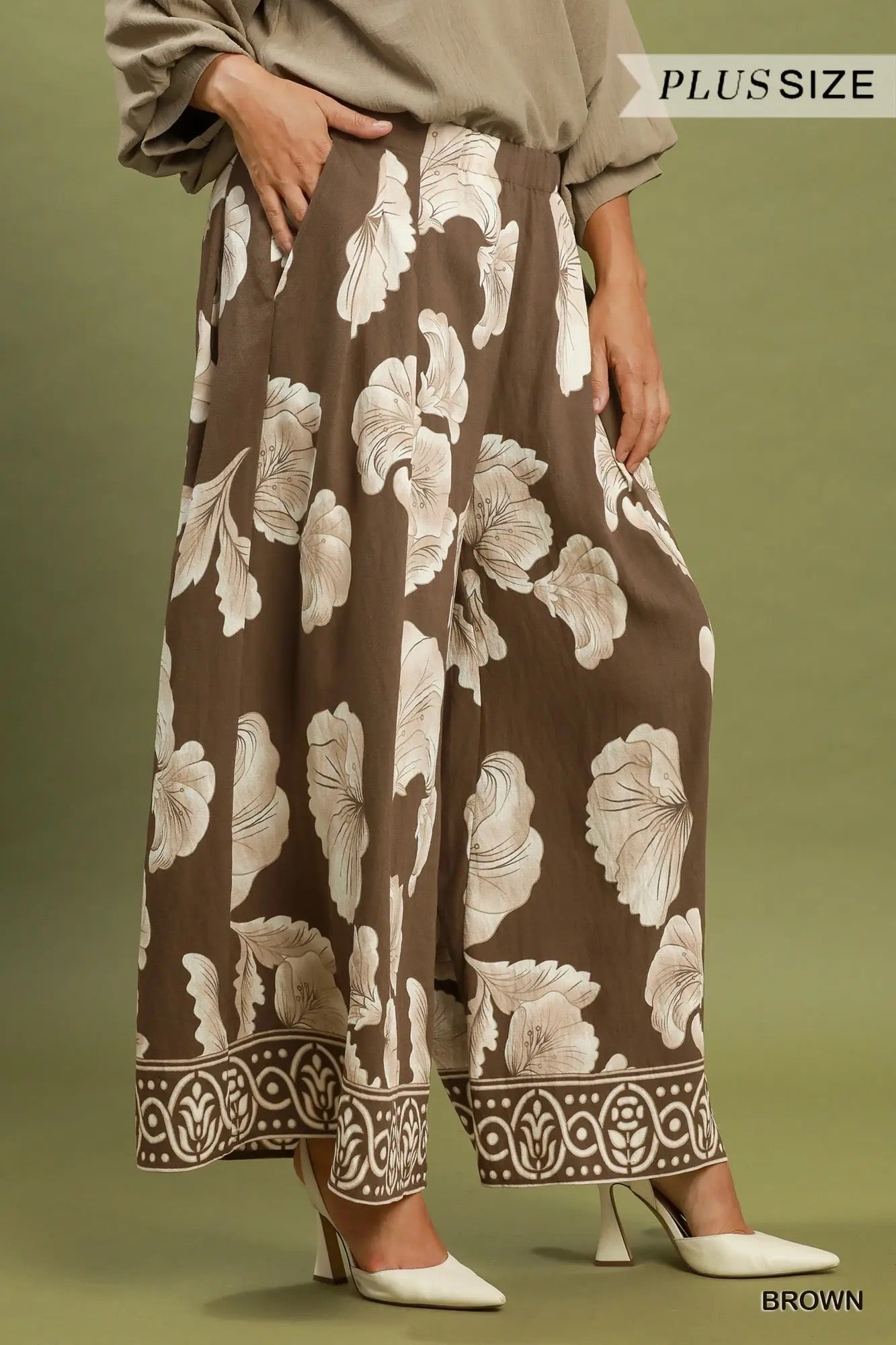 Brown Print Wide Leg Skirt Pants