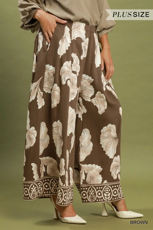 Brown Print Wide Leg Skirt Pants