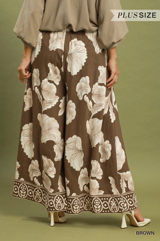 Brown Print Wide Leg Skirt Pants