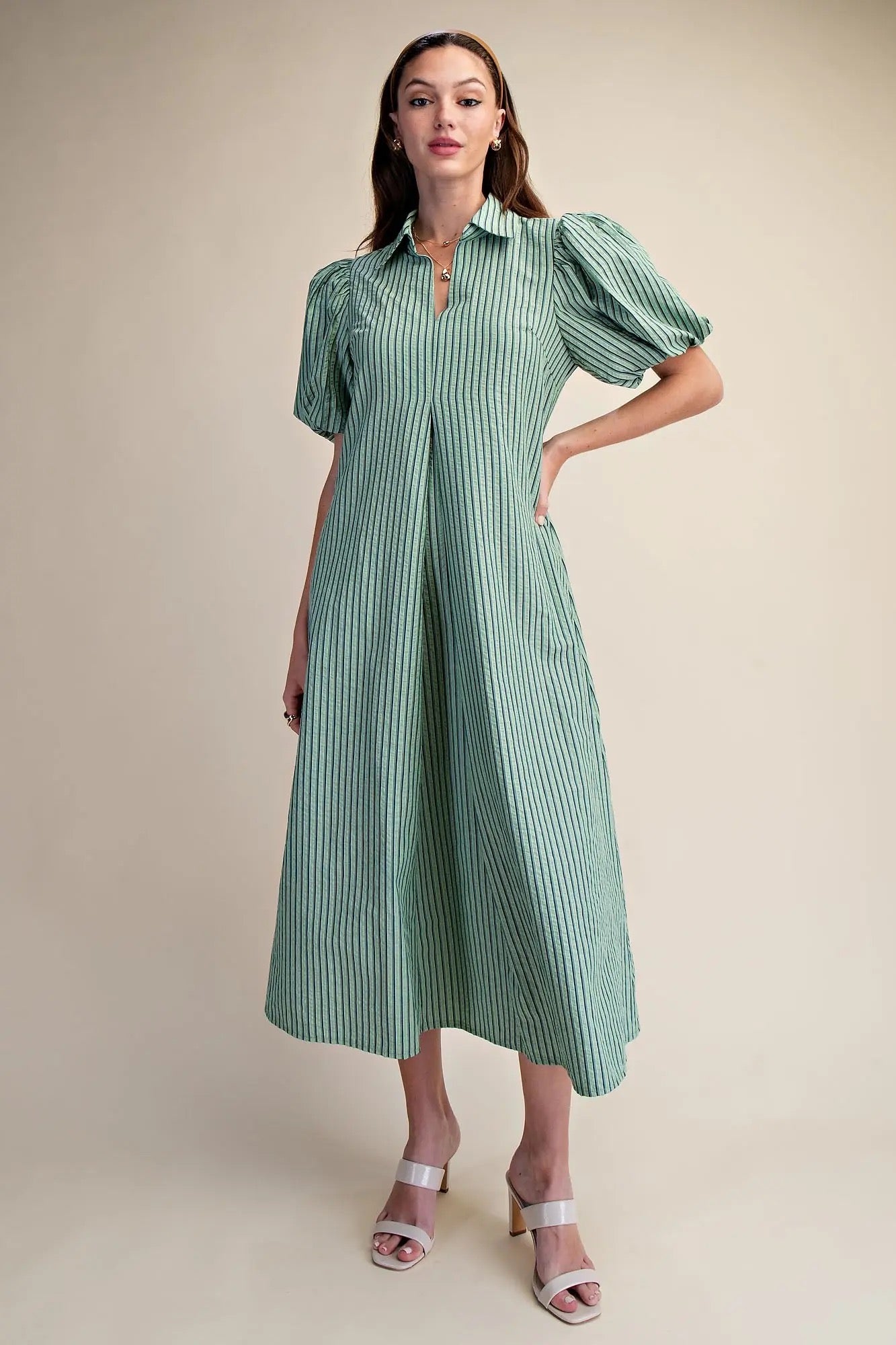 Puff Sleeve Stripe Pleated Midi Dress - Green
