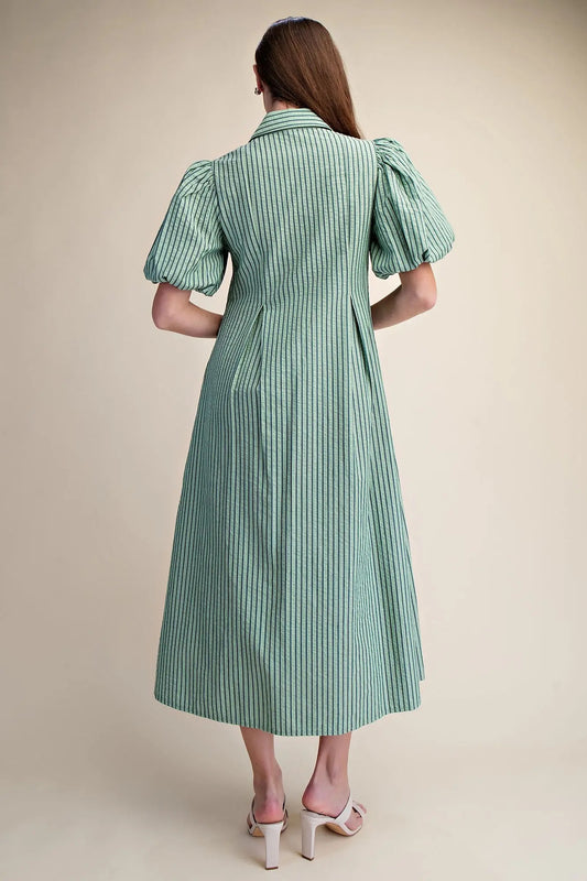 Puff Sleeve Stripe Pleated Midi Dress - Green