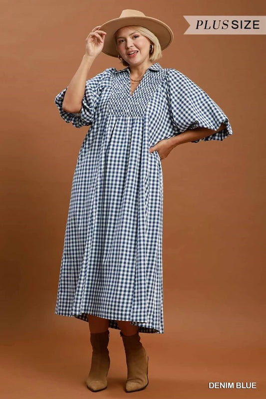 Plaid Denim Smocked Front Midi Dress - Denim Blue