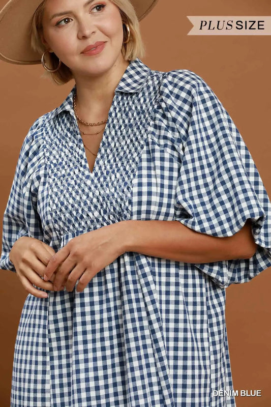 Plaid Denim Smocked Front Midi Dress - Denim Blue