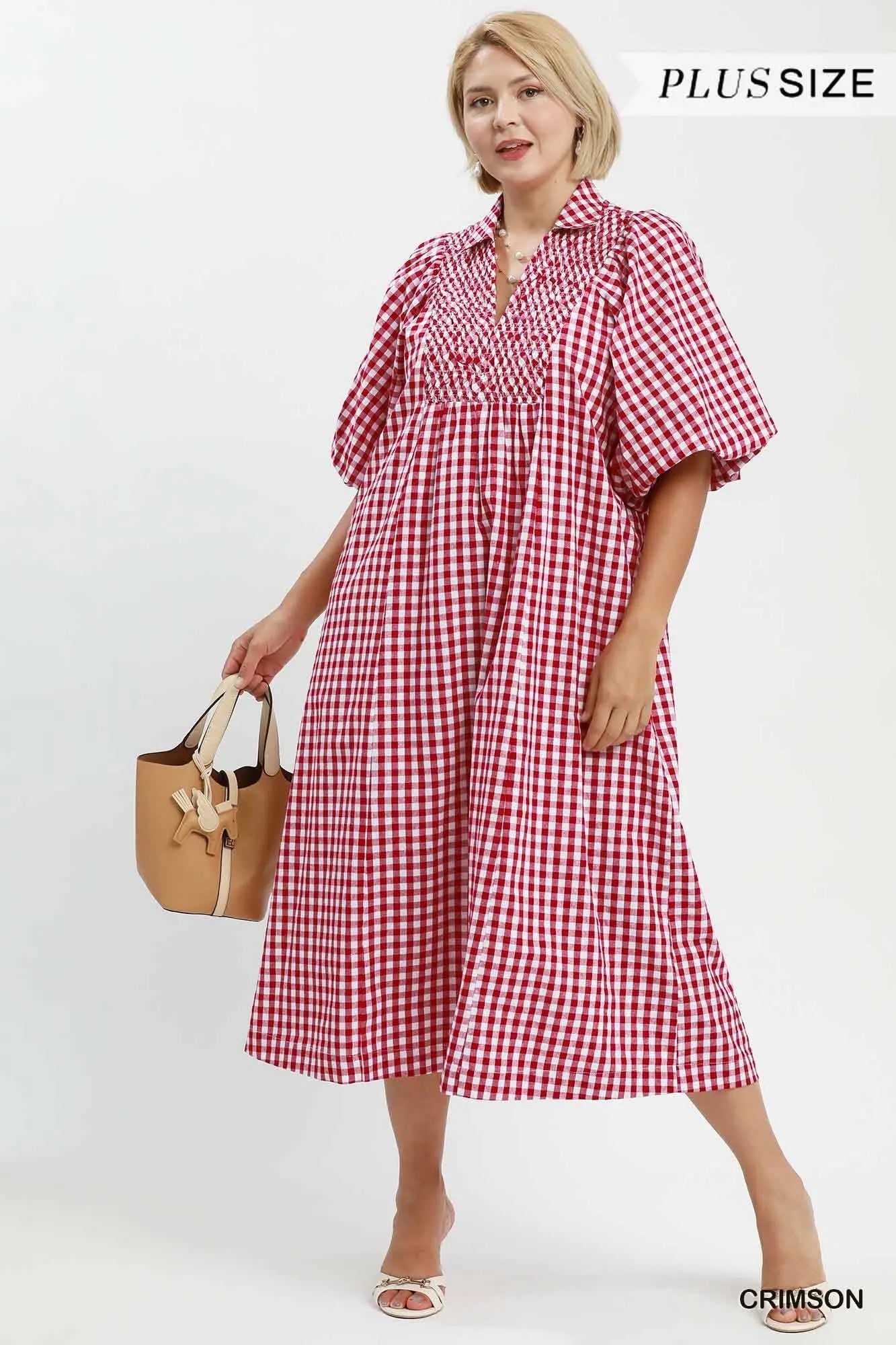 Plaid Denim Smocked Front Midi Dress - Crimson