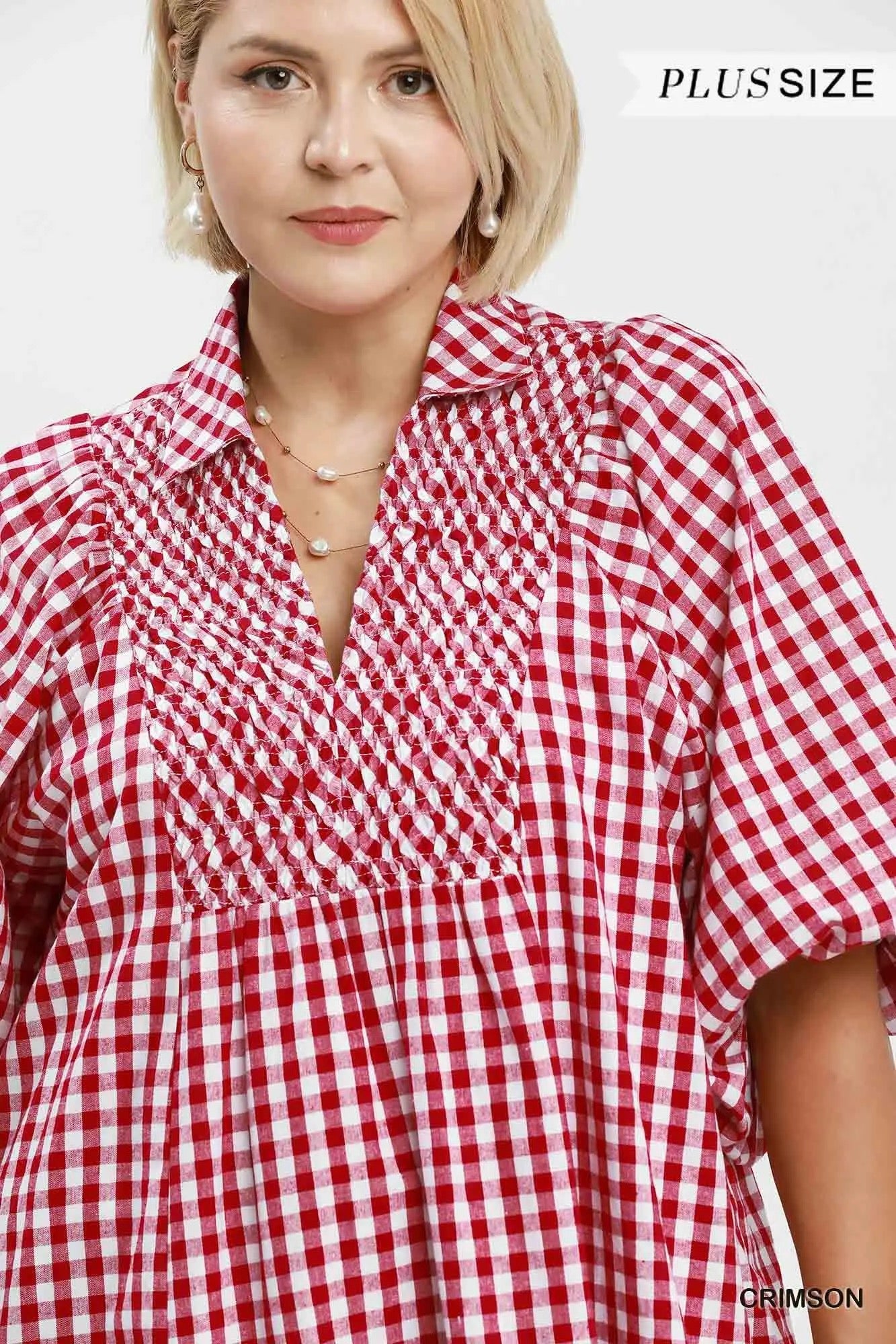 Plaid Denim Smocked Front Midi Dress - Crimson