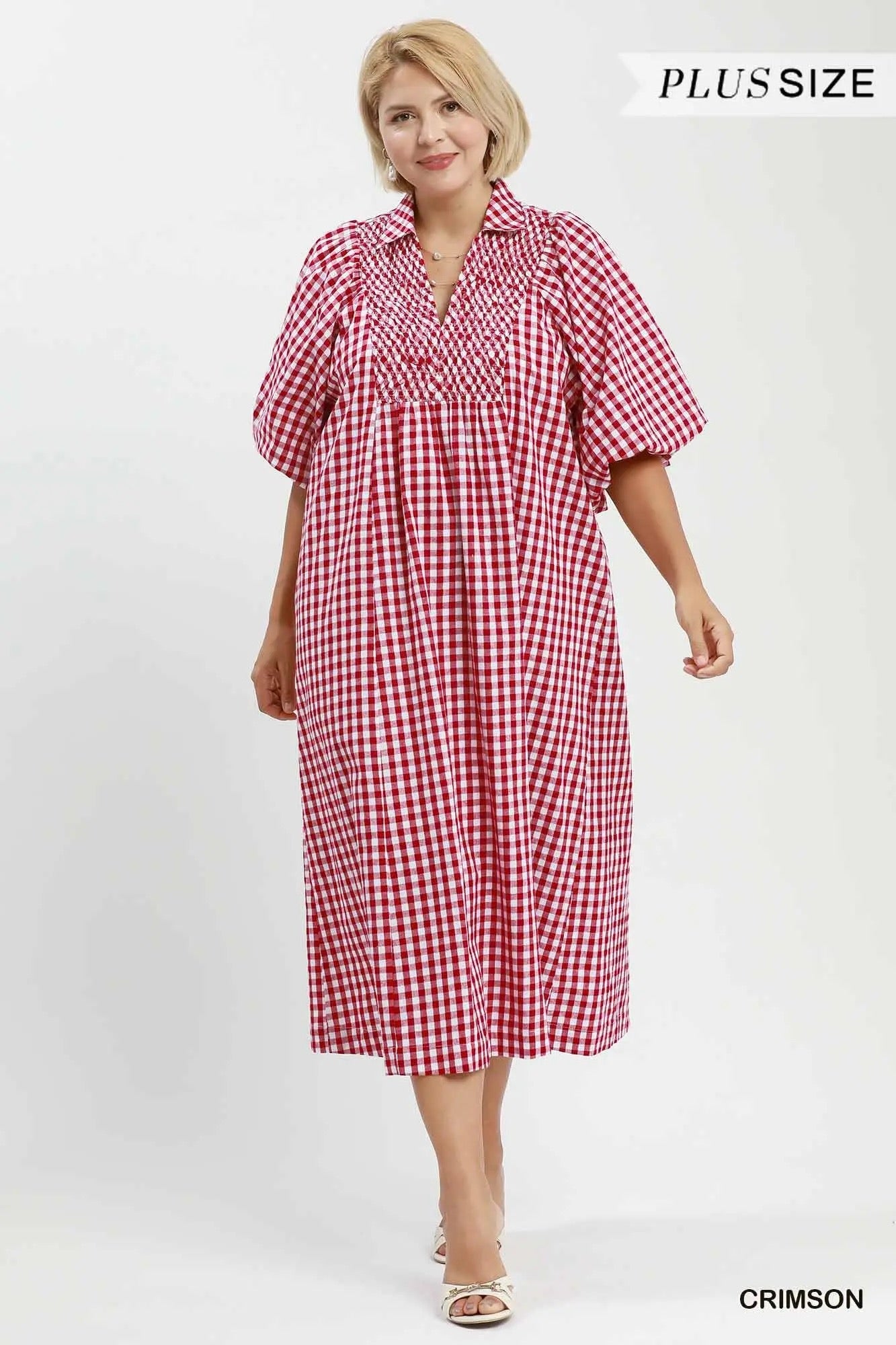 Plaid Denim Smocked Front Midi Dress - Crimson