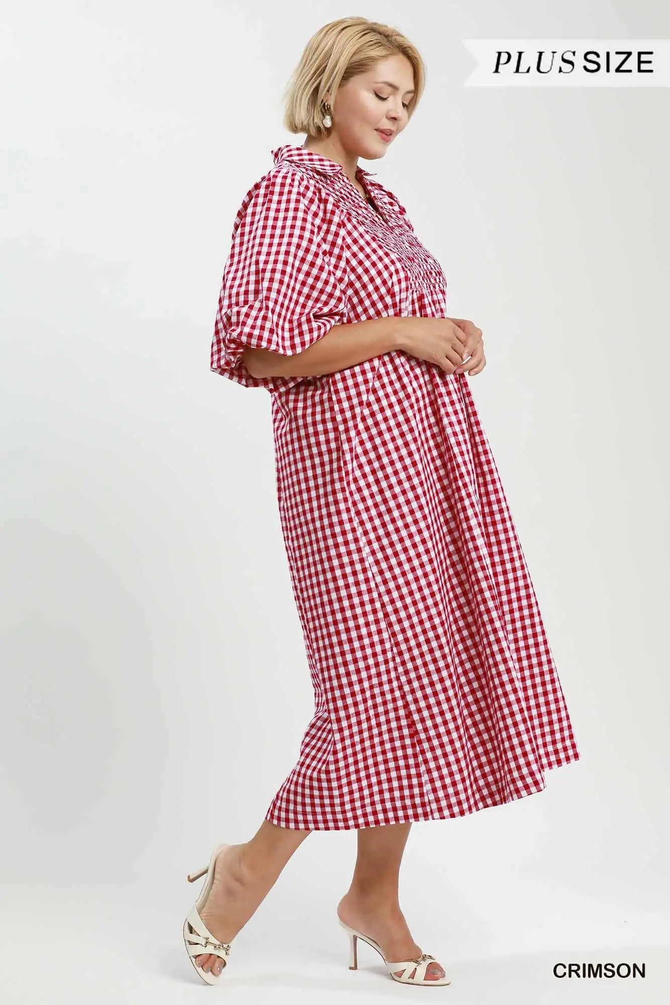 Plaid Denim Smocked Front Midi Dress - Crimson