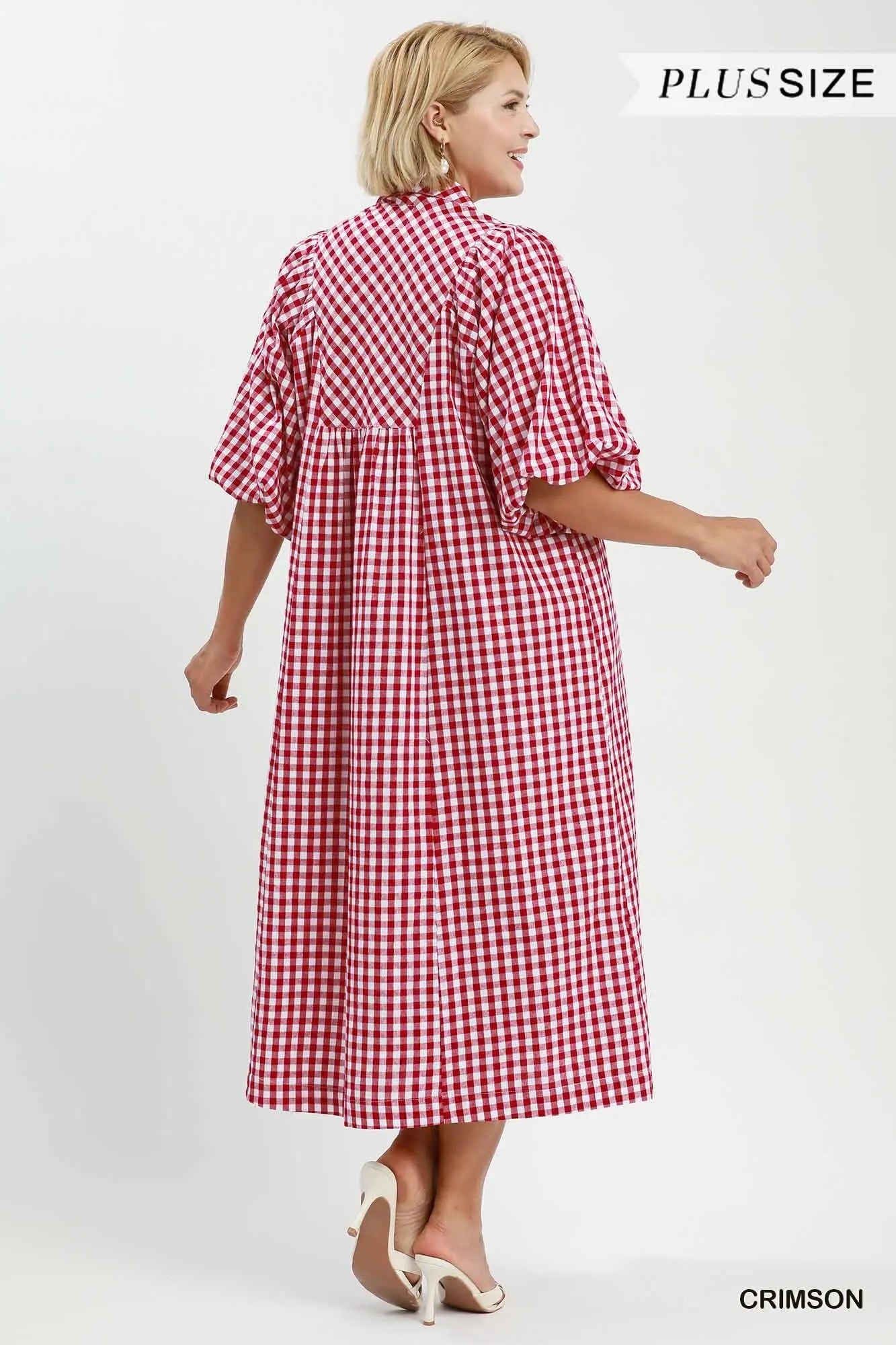 Plaid Denim Smocked Front Midi Dress - Crimson