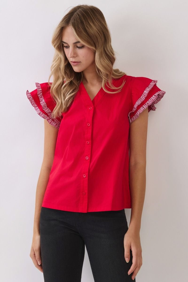 Crimson Ruffle Sleeve Top With Gingham Trim
