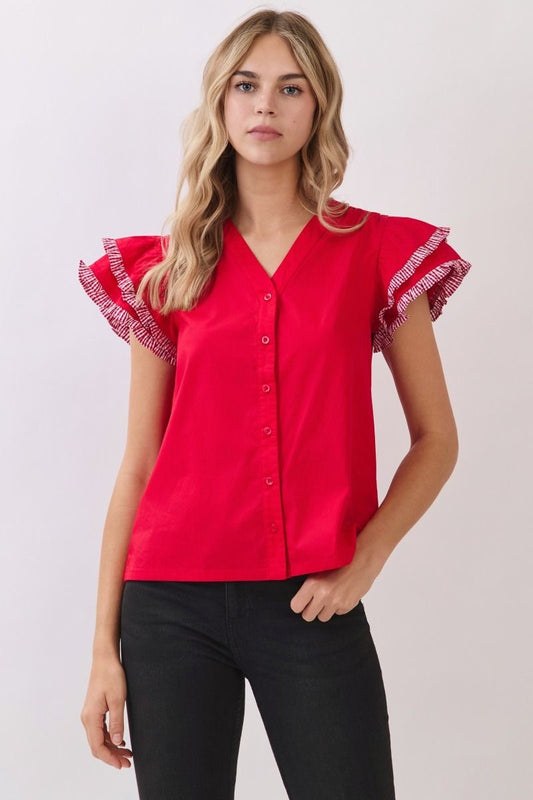 Crimson Ruffle Sleeve Top With Gingham Trim