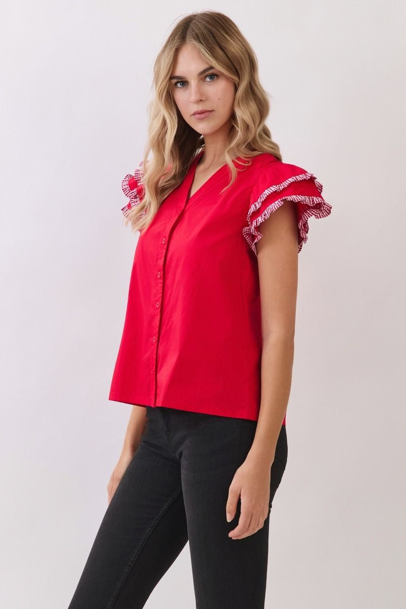 Crimson Ruffle Sleeve Top With Gingham Trim