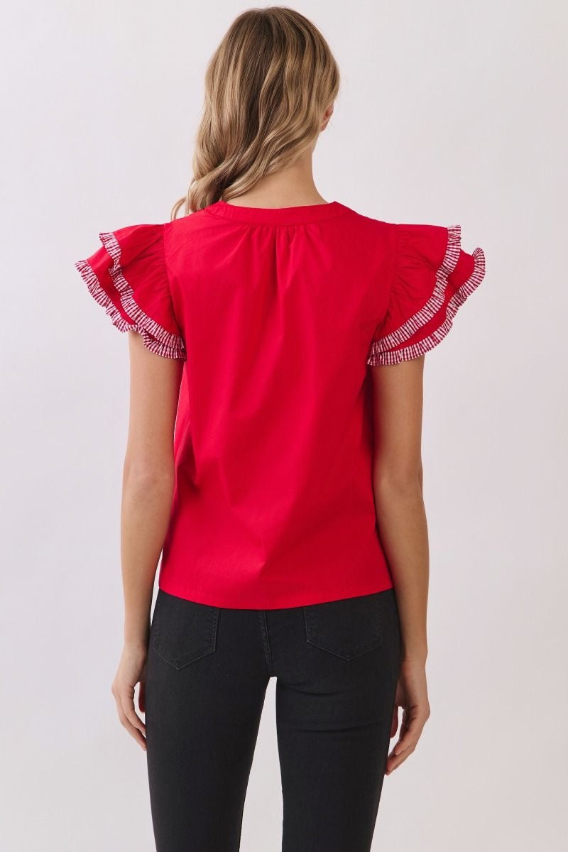 Crimson Ruffle Sleeve Top With Gingham Trim