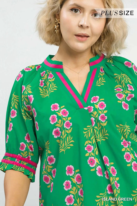 Island Green Clover Floral Collared Top