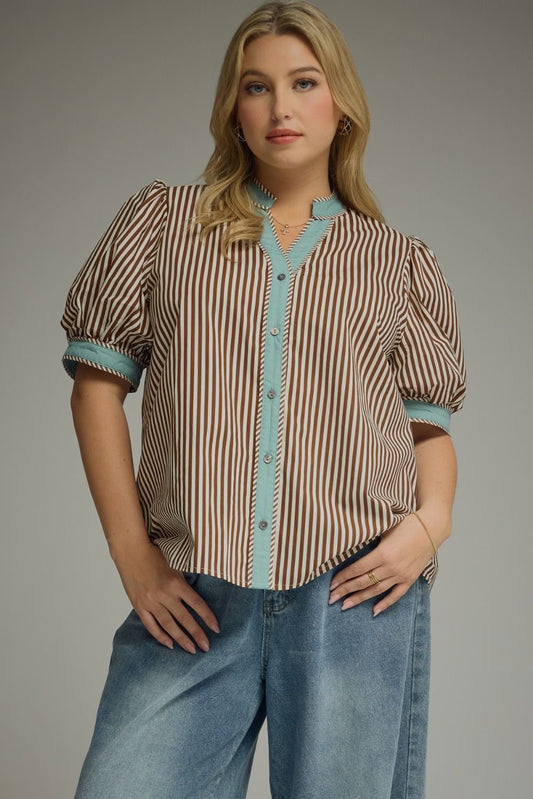 Brown Stripe Blue Contrast Top