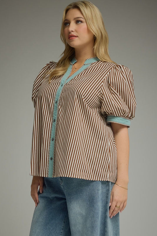 Brown Stripe Blue Contrast Top