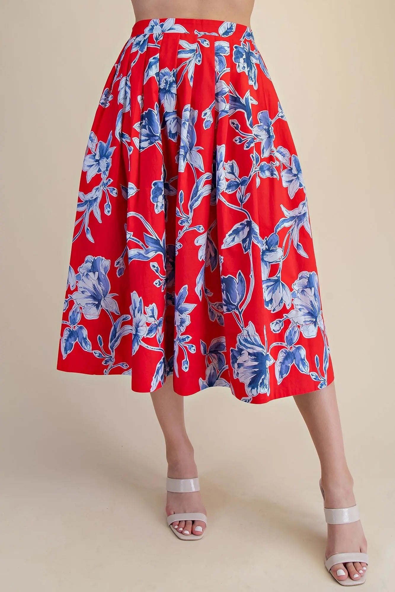 Red Floral A-Line Pleated Midi Skirt