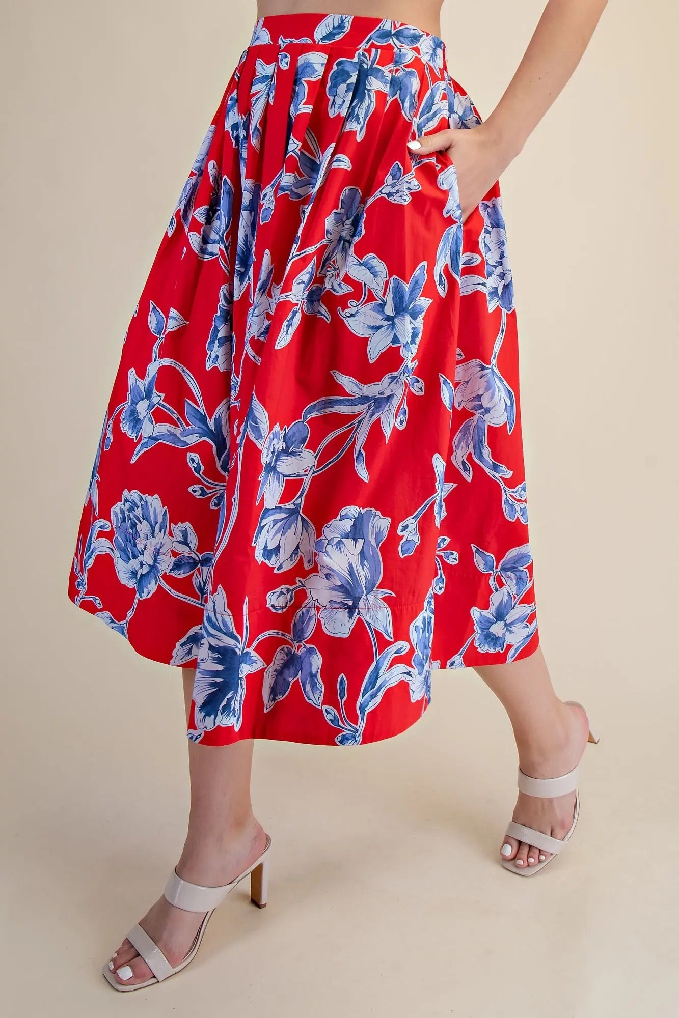 Red Floral A-Line Pleated Midi Skirt