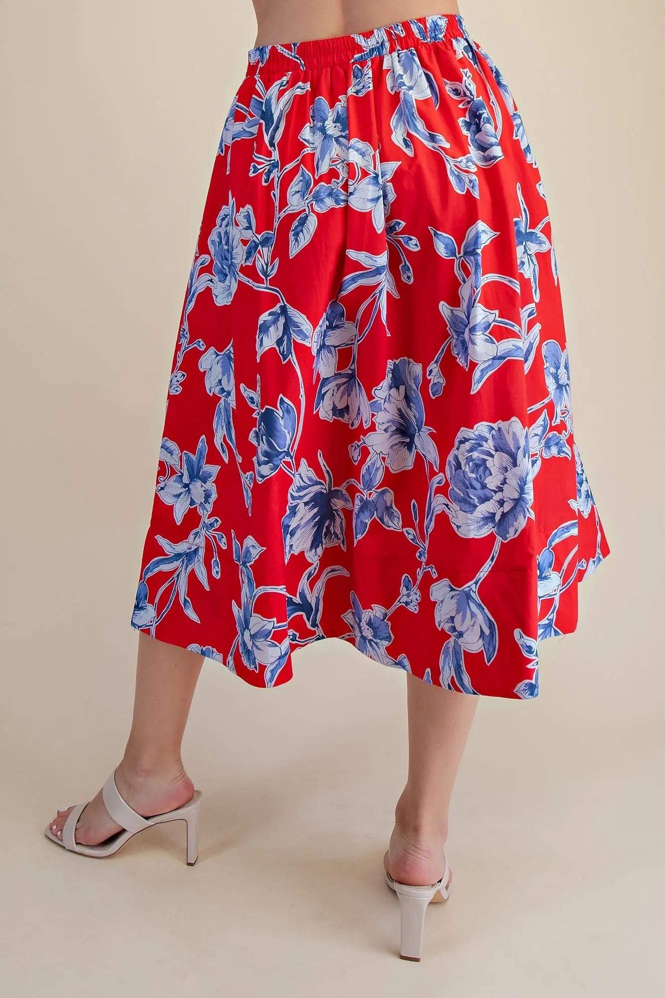Red Floral A-Line Pleated Midi Skirt