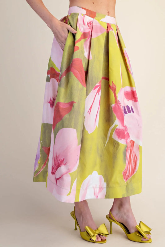 Floral Skirt- Pleated Flare Midi