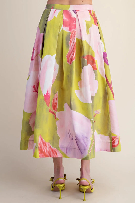 Floral Skirt- Pleated Flare Midi