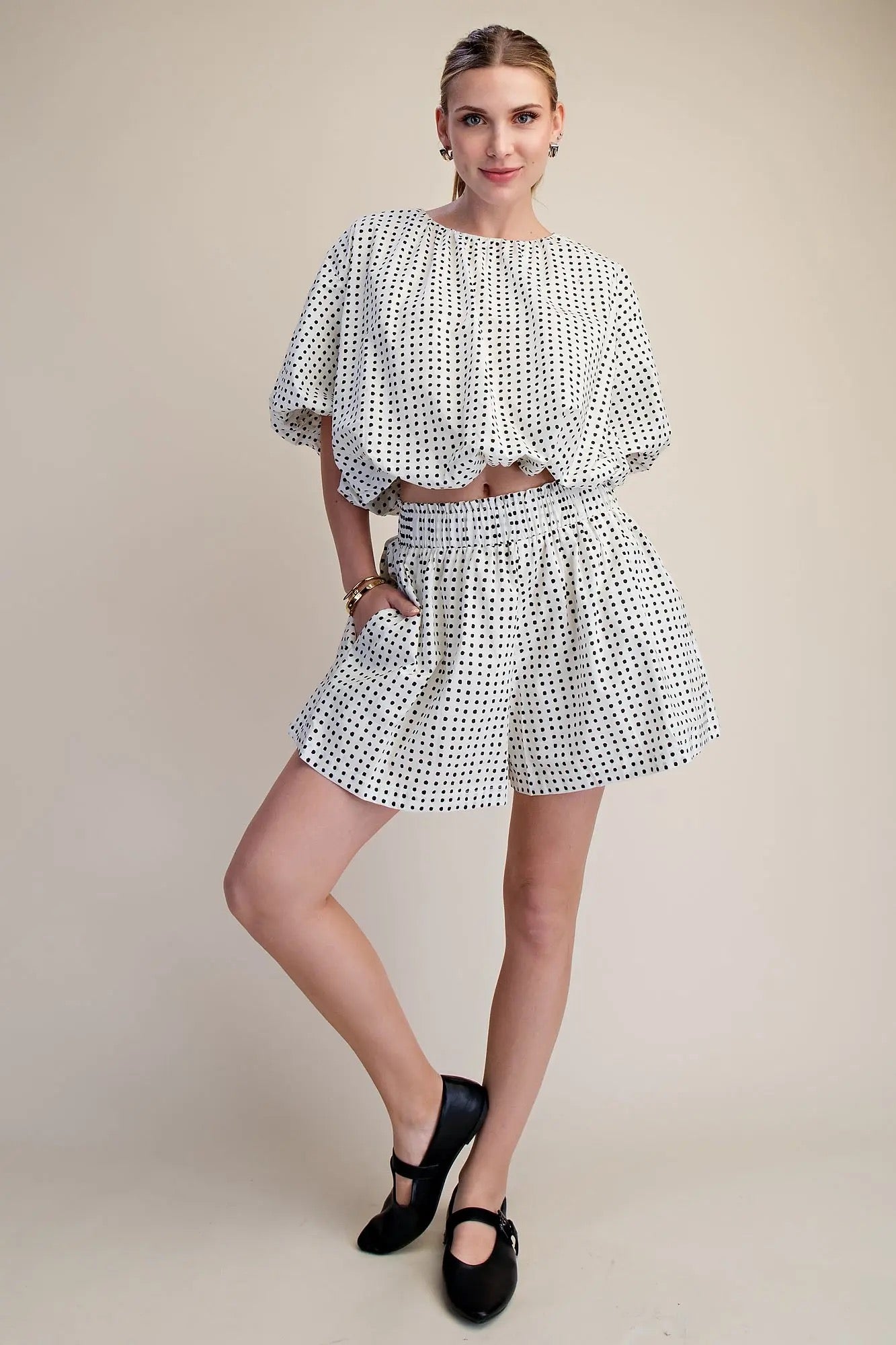 Dot Print Bubble Top & Shorts Set