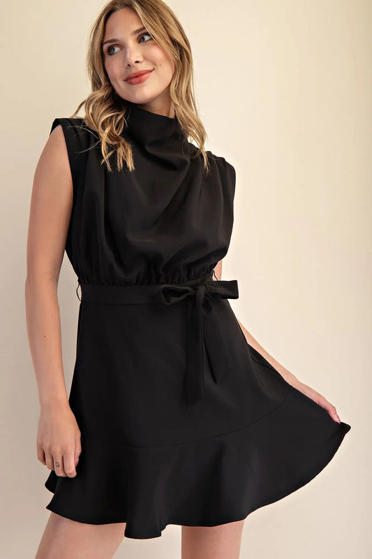 Black Cowl Neck Sleeveless Waist Tie Mini Dress
