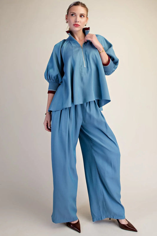 Mock Neck Puff Sleeve Top & Contrast & Rib Band  Pant Set