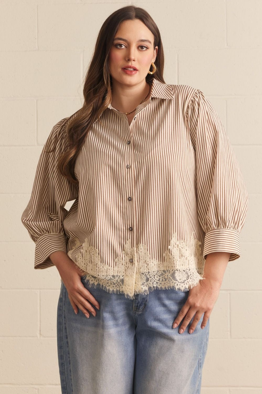 Striped Lace Detail 3/4 Puff Sleeve Top