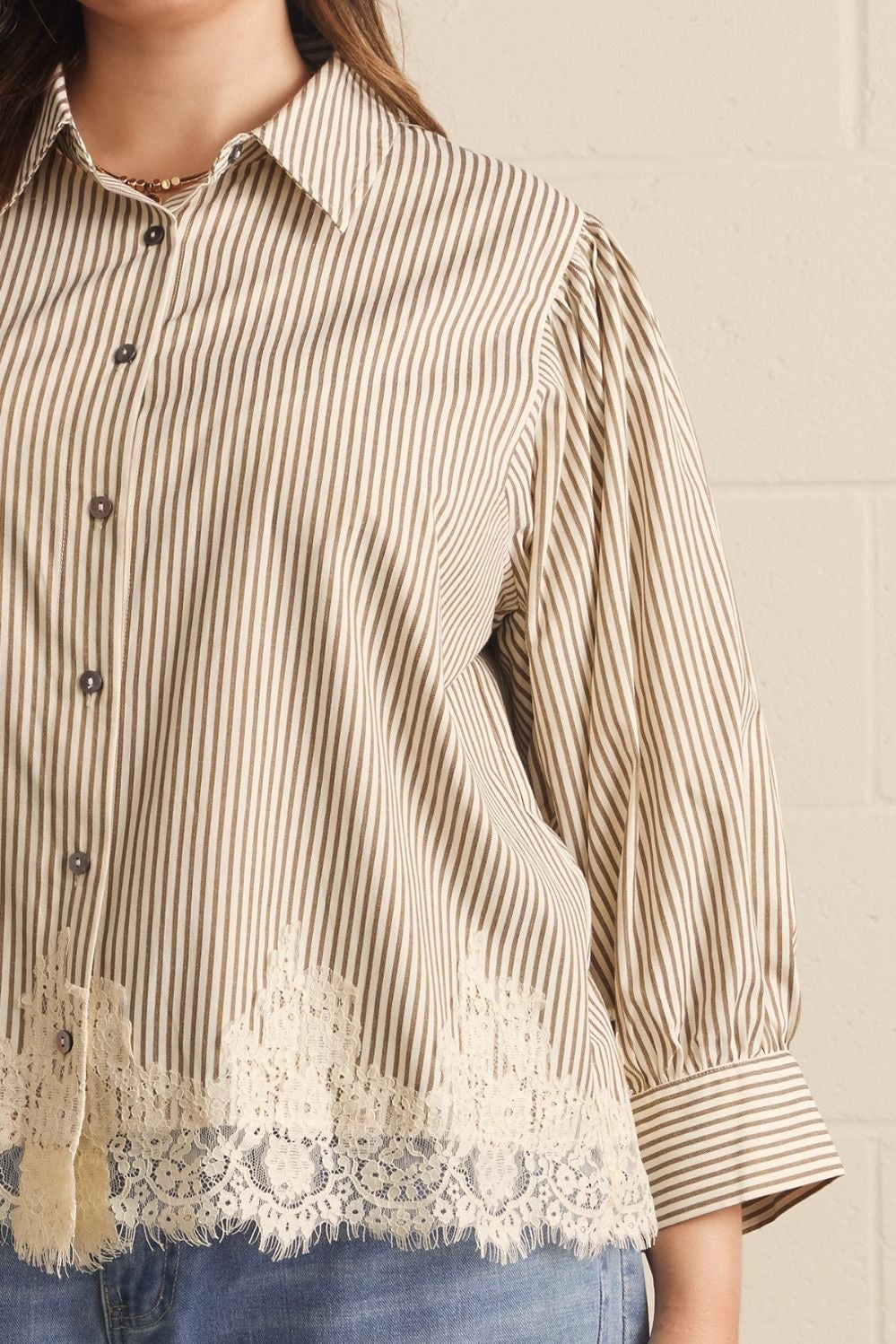 Striped Lace Detail 3/4 Puff Sleeve Top