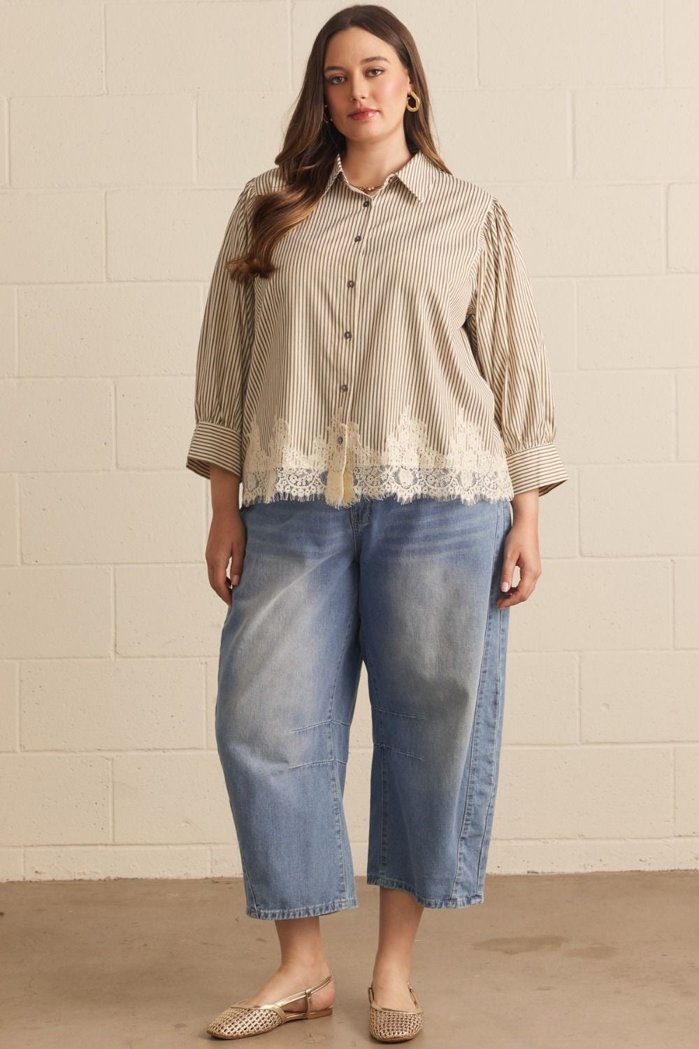 Striped Lace Detail 3/4 Puff Sleeve Top